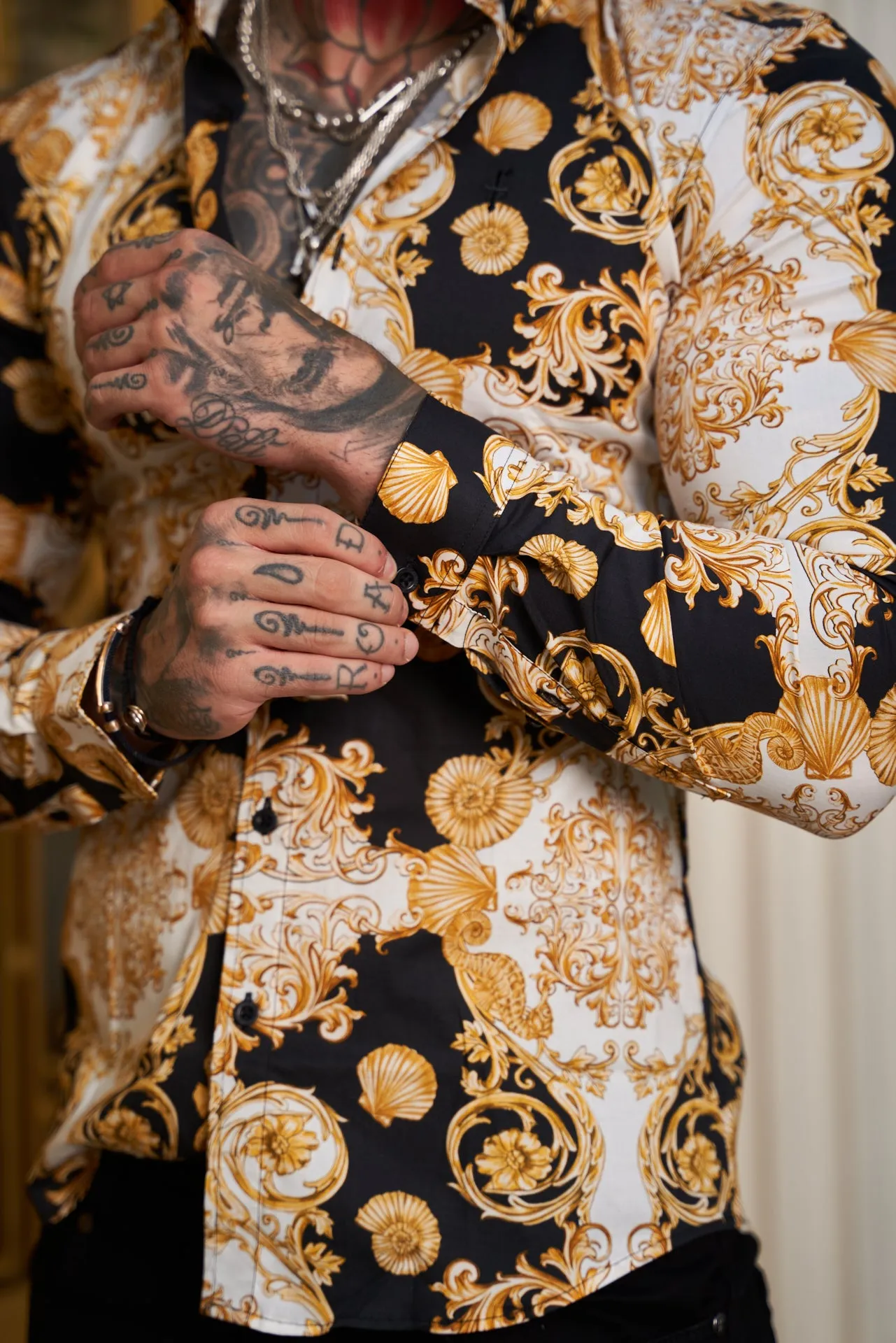 Father Sons Super Slim Stretch Black Gold Shell Print Long Sleeve with Button Down Collar - FS773 sold by Father Sons product image thumbnail 4