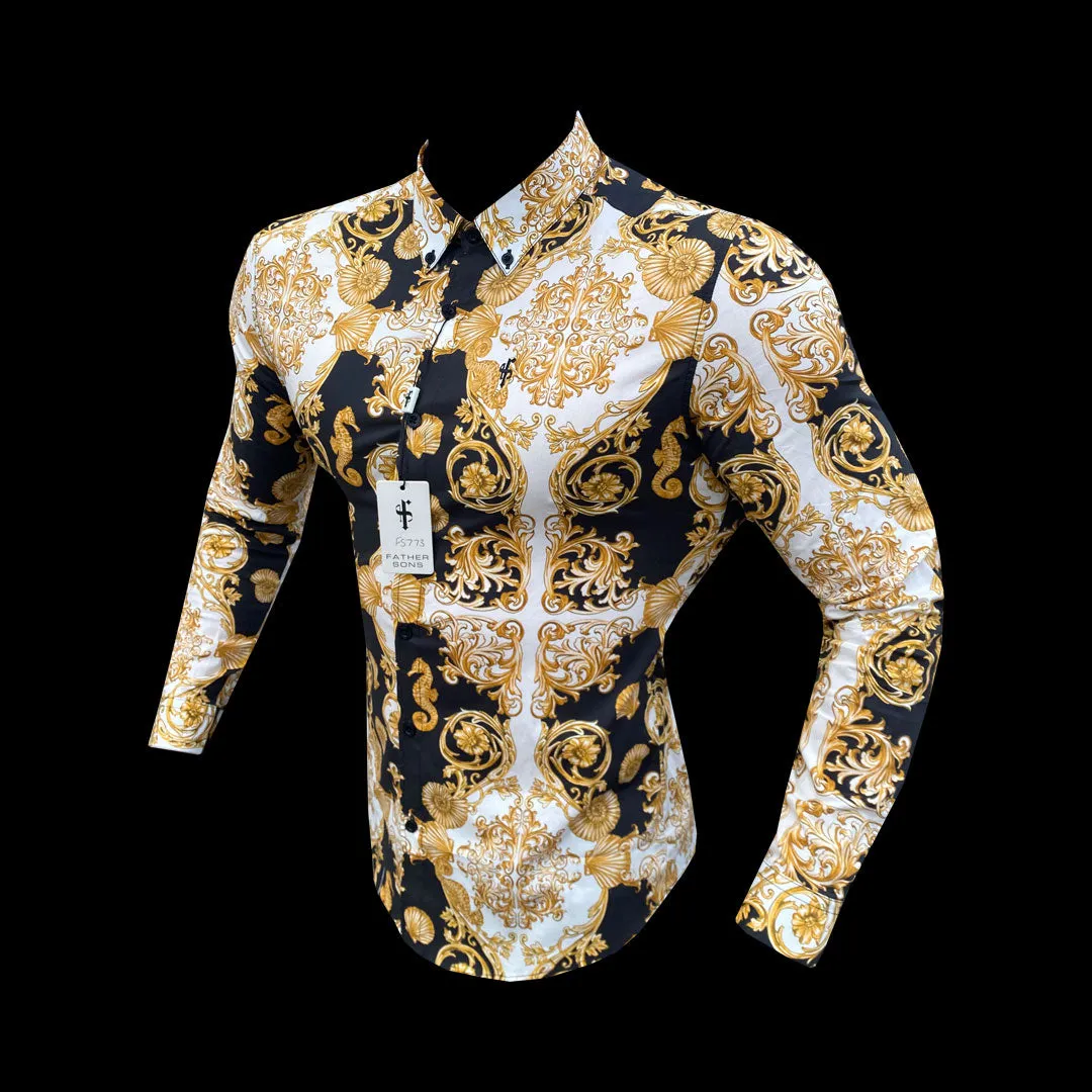 Father Sons Super Slim Stretch Black Gold Shell Print Long Sleeve with Button Down Collar - FS773 sold by Father Sons product image thumbnail 2