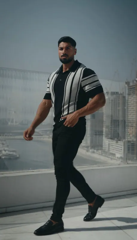 Father Sons Classic Black / Light Grey Knitted Vertical Stripe Polo Short Sleeve - FSN106 sold by Father Sons