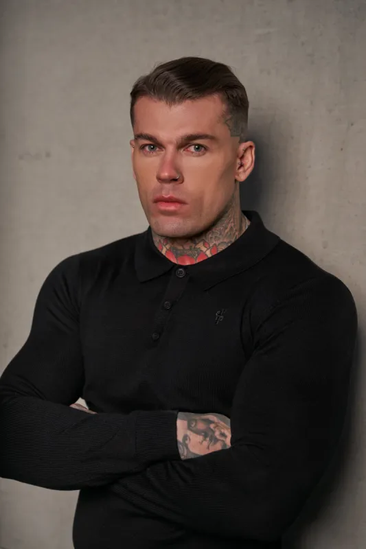 Father Sons Classic Black Knitted Polo Sweater Long Sleeve With Tonal FS Embroidery- FSN139 sold by Father Sons
