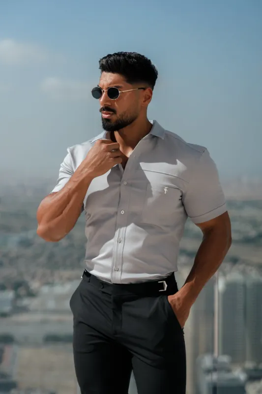 Father Sons Super Slim Stretch Grey Denim Short Sleeve with Horizontal Seam and Pocket- FS960 sold by Father Sons