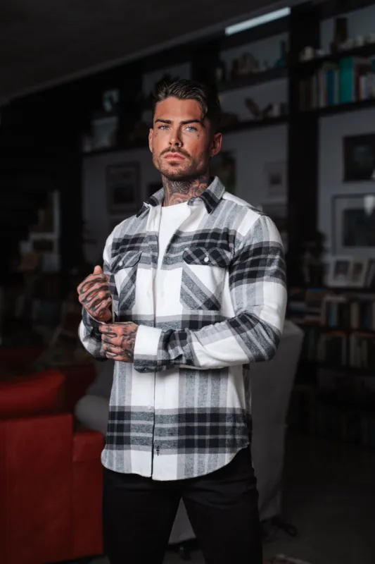 Father Sons Heavy Brushed Off White / Grey Check Shacket With Double Pockets - FS1034 sold by Father Sons