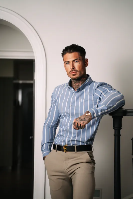 Father Sons Classic Mid Blue and White Large Woven Stripe Long Sleeve - FS979 sold by Father Sons