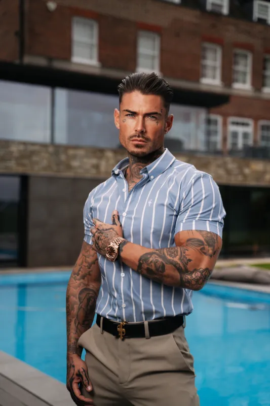 Father Sons Classic Mid Blue and White Large Woven Stripe Short Sleeve - FS978 sold by Father Sons