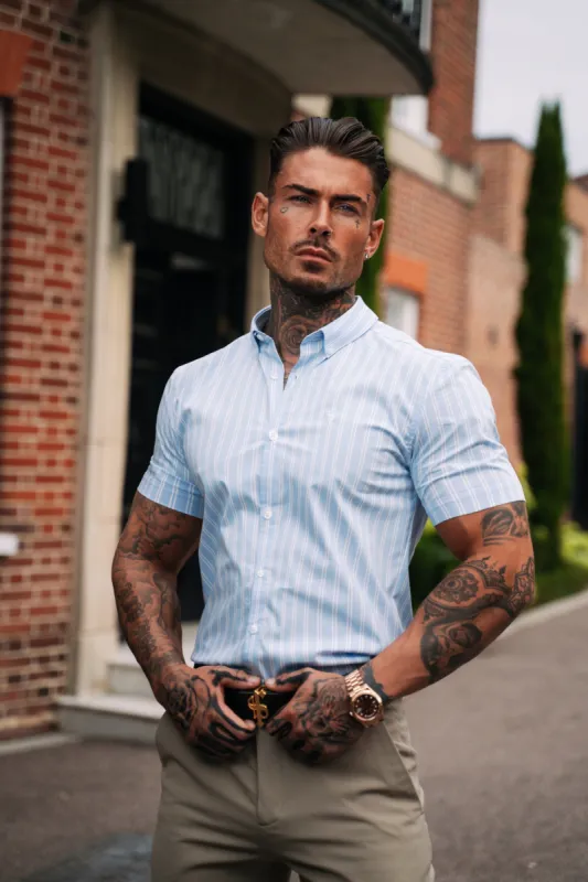 Father Sons Classic Light Blue and White Woven Double Stripe Short Sleeve - FS974 sold by Father Sons