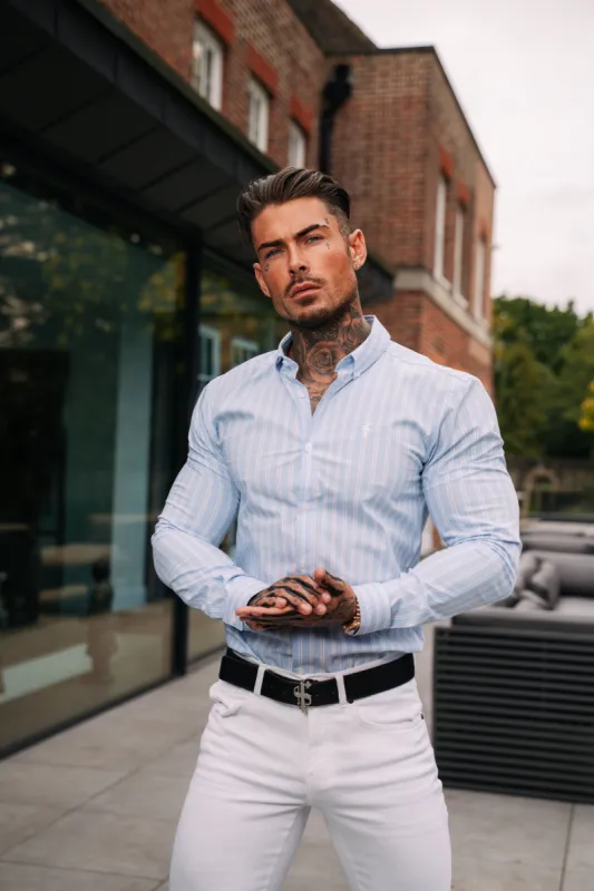 Father Sons Classic Light Blue and White Woven Double Stripe Long Sleeve - FS975 sold by Father Sons