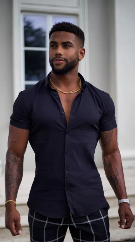 Father Sons Super Slim Stretch Black Self Woven Stripe Short Sleeve with Button Down Collar - FS990 sold by Father Sons