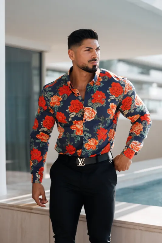 Father Sons Super Slim Stretch Navy and Red Floral Print Long Sleeve with Button Down Collar - FS840 sold by Father Sons