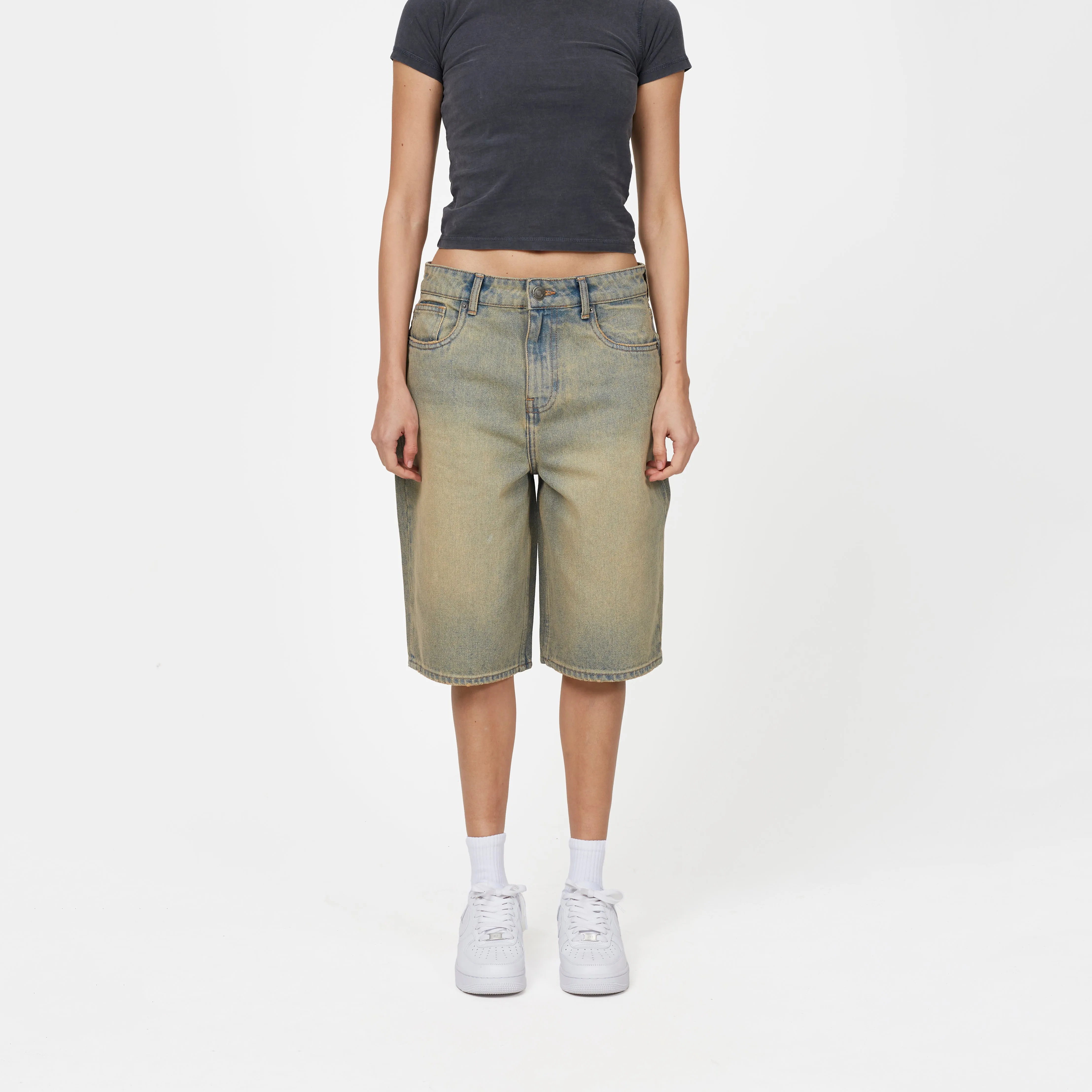 Heavy Washed Sand Blue Denim Jorts sold by Good For Nothing Clothing