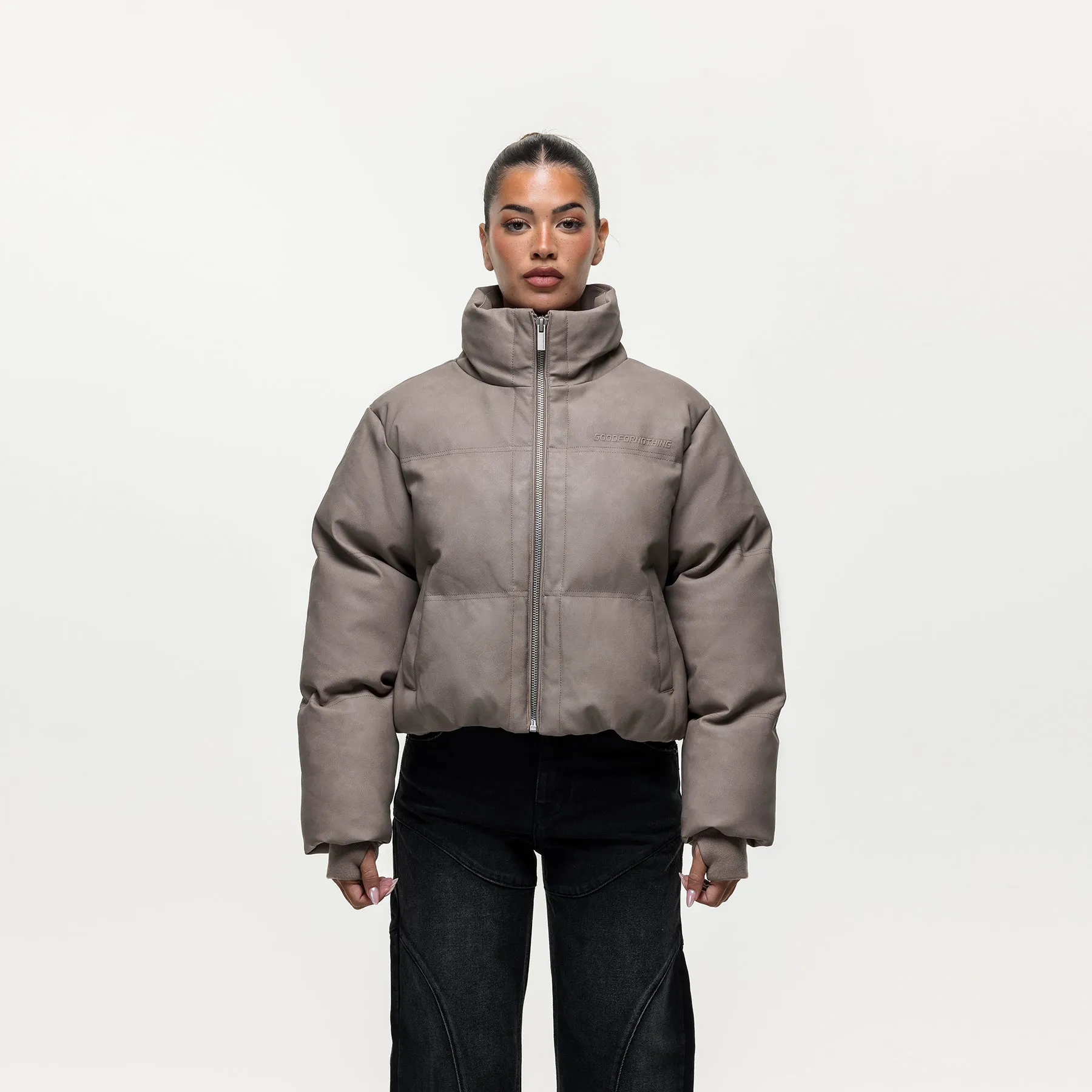 Vintage Taupe Leather Puffer Coat sold by Good For Nothing Clothing