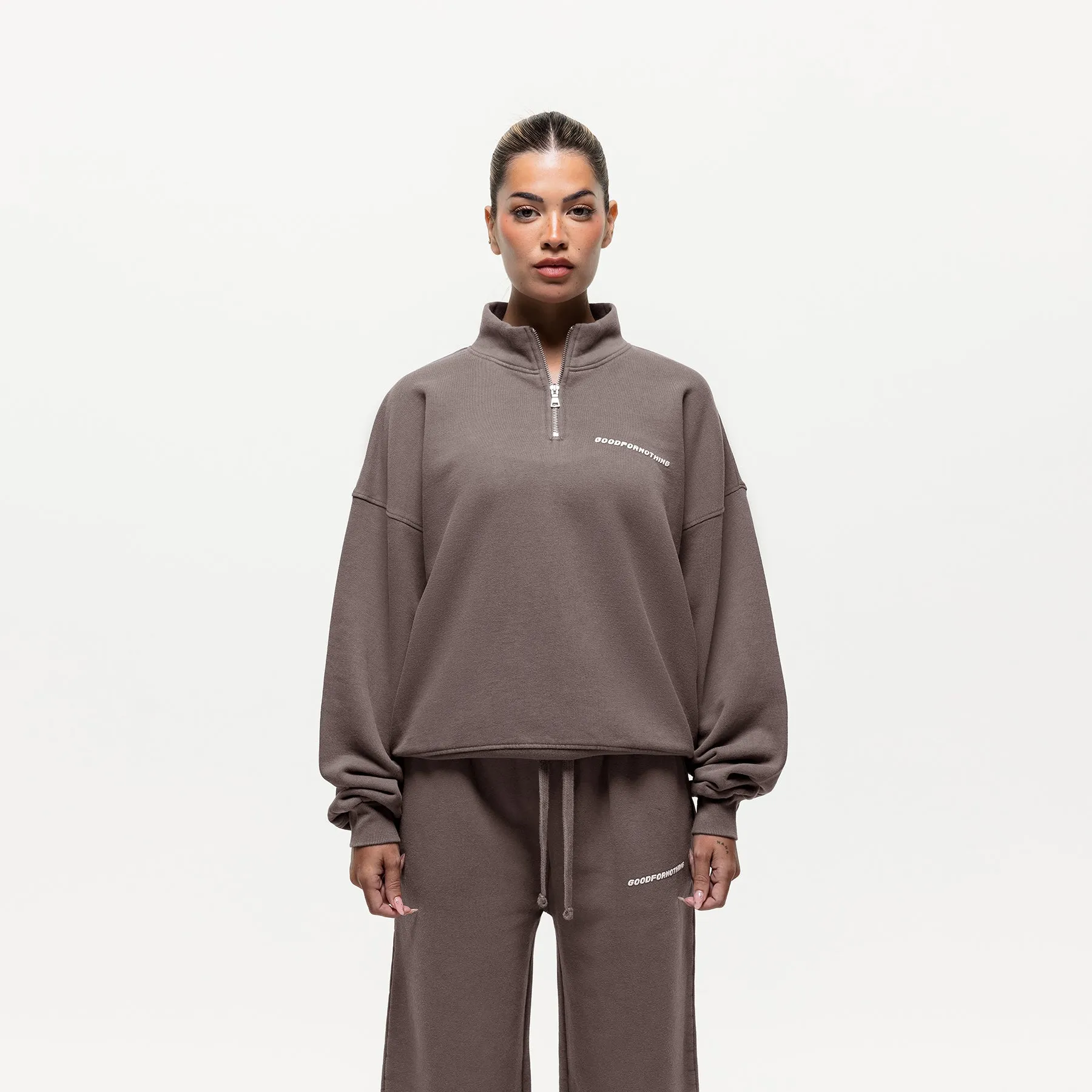 Vintage Washed Taupe Funnel Zip Sweat sold by Good For Nothing Clothing