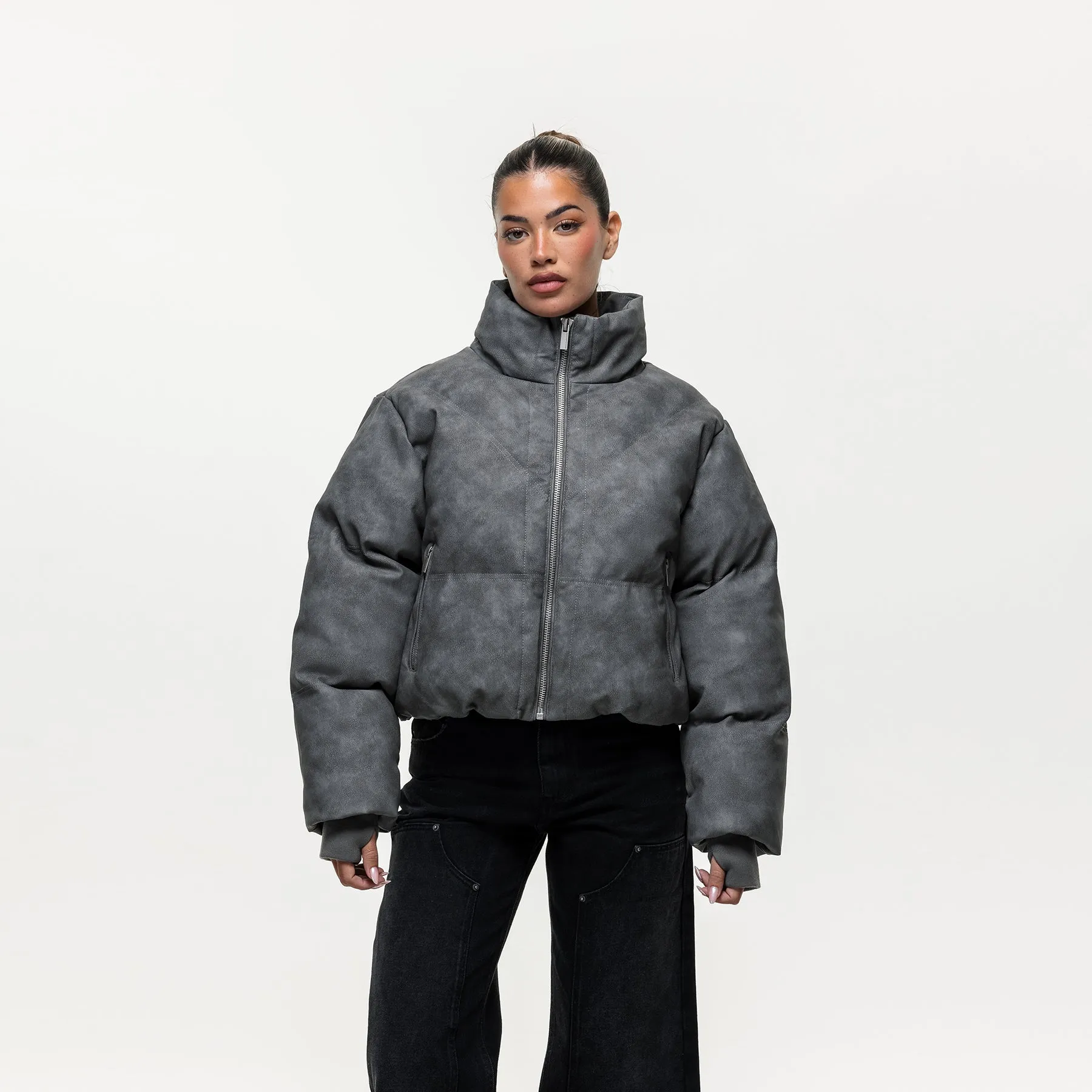 Vintage Grey Leather Puffer Coat sold by Good For Nothing Clothing product image thumbnail 4
