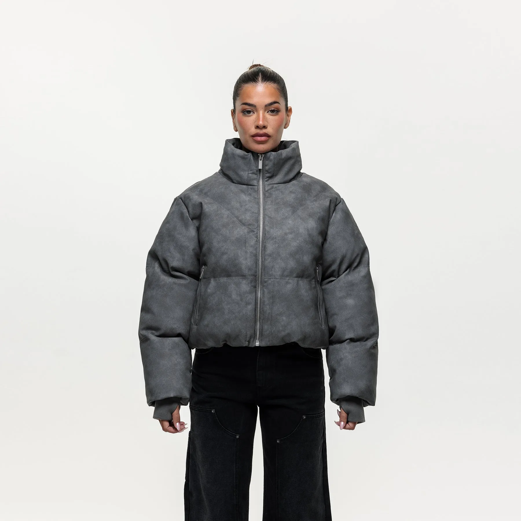 Vintage Grey Leather Puffer Coat sold by Good For Nothing Clothing