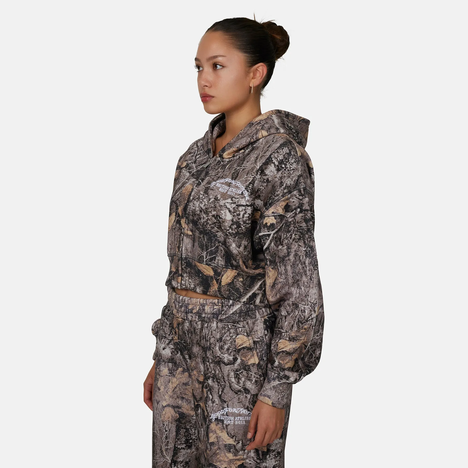 Woodland Camo Brown Crop Zip Hoodie sold by Good For Nothing Clothing product image thumbnail 2