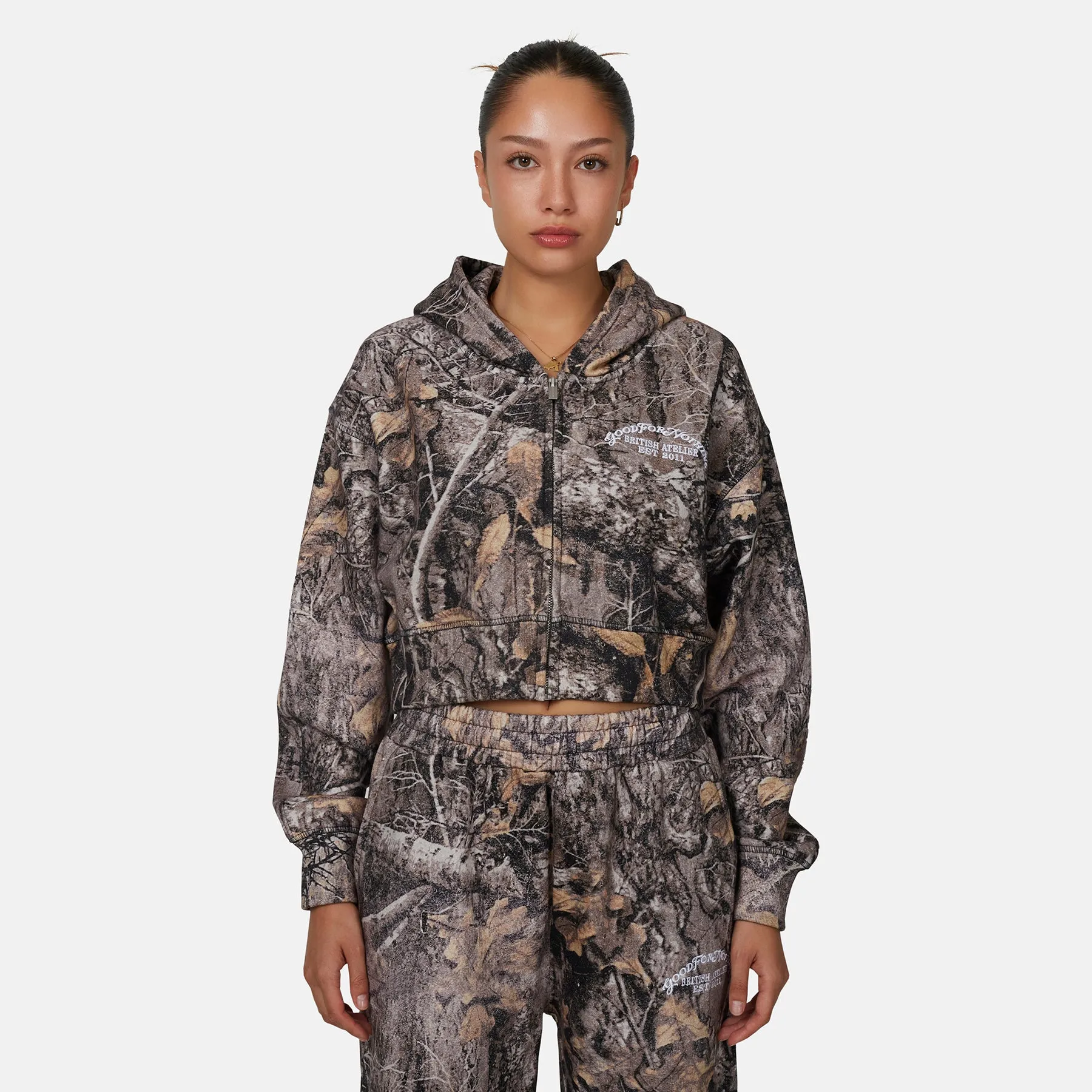 Woodland Camo Brown Crop Zip Hoodie sold by Good For Nothing Clothing