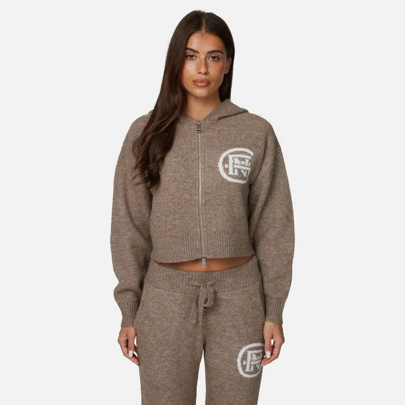 Monogram Fluffy Knit Taupe Zip Hoodie sold by Good For Nothing Clothing
