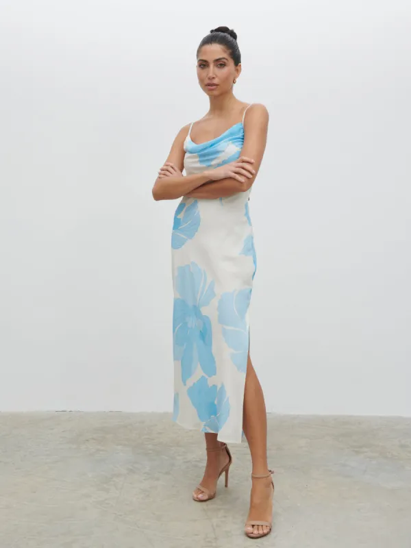Keisha Ruched Midaxi Dress - Blue and Cream Floral sold by Pretty Lavish