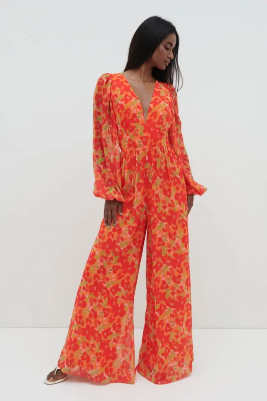 Olivette Jumpsuit - Red and Orange Floral sold by Pretty Lavish