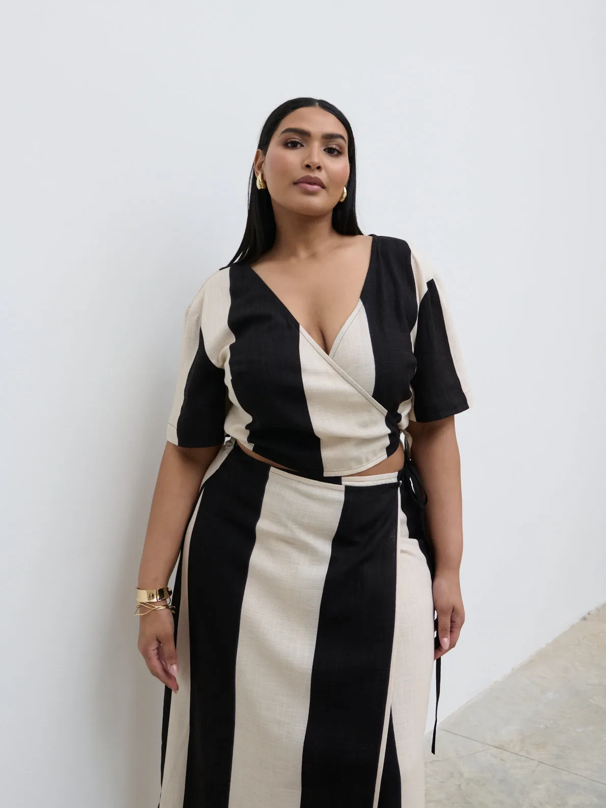 Chaya Printed Wrap Top Curve - Cream and Black sold by Pretty Lavish