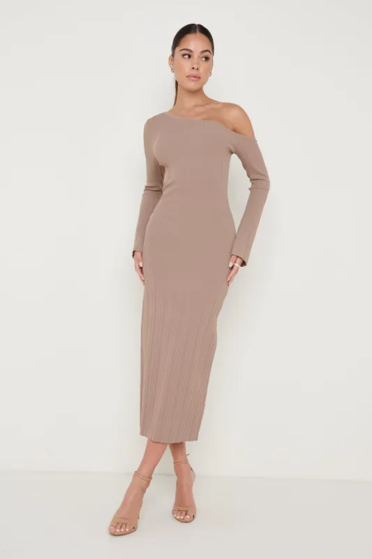 Anouska Asymmetric Knit Dress - Taupe sold by Pretty Lavish