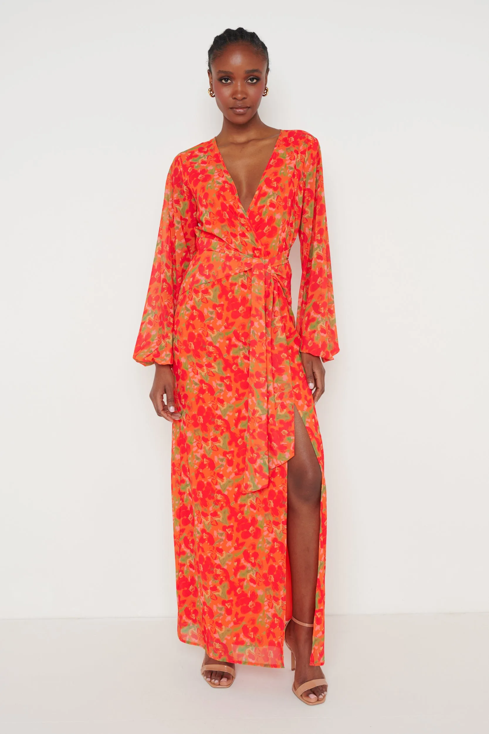 Alexis Knot Drape Dress - Red and Orange Floral sold by Pretty Lavish