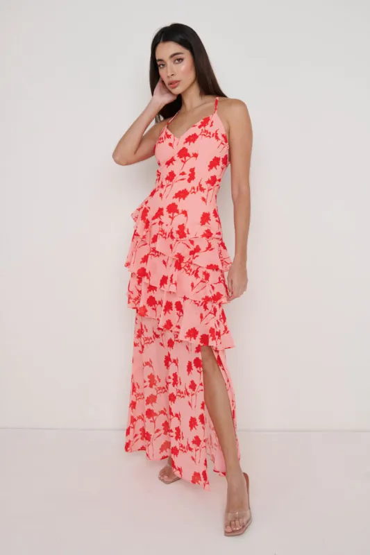 Hettie Asymmetric Ruffle Maxi Dress - Pink and Red Floral sold by Pretty Lavish