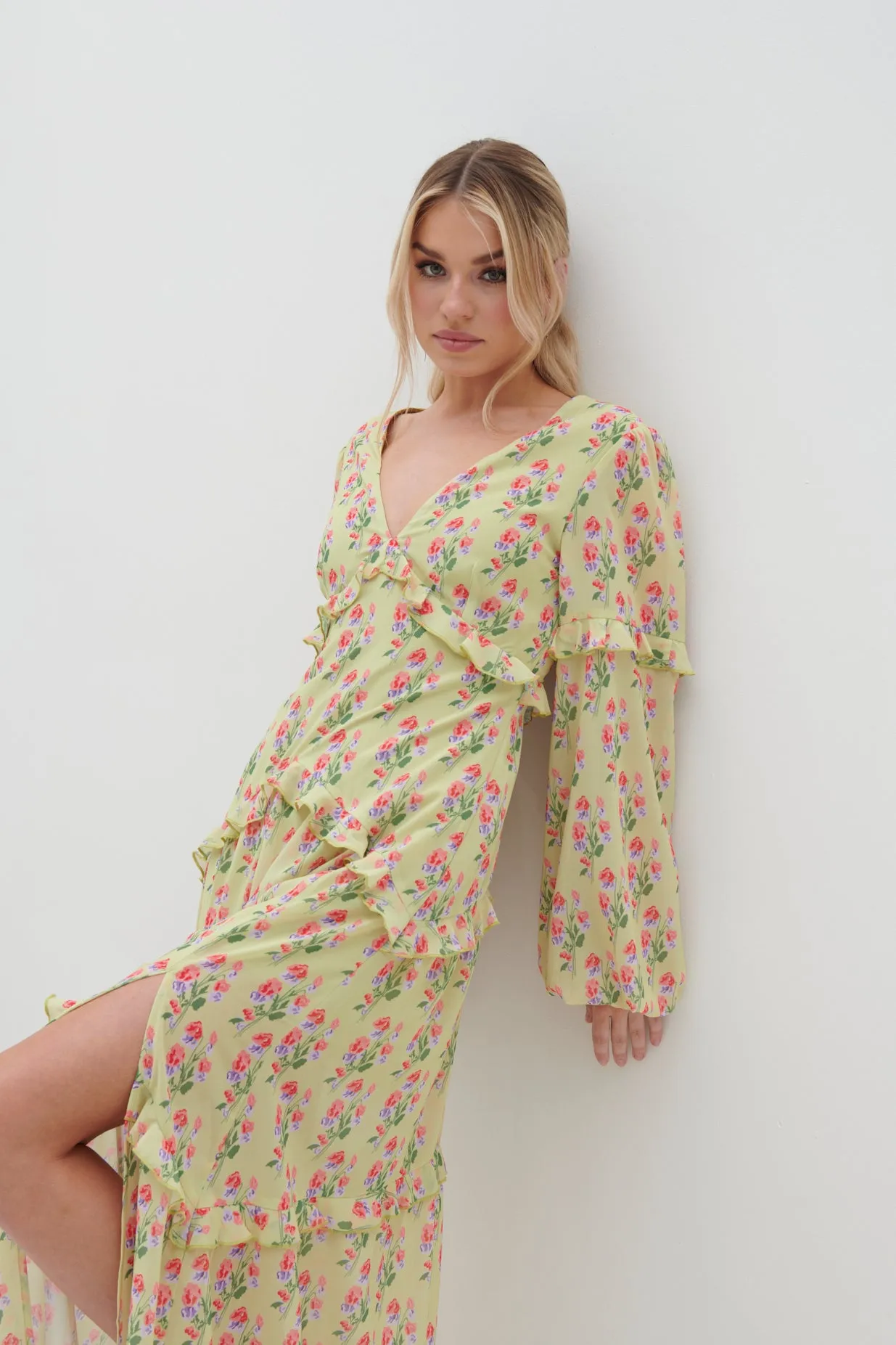 Kalina V Neck Ruffle Maxi Dress - Botanic Floral sold by Pretty Lavish product image thumbnail 3
