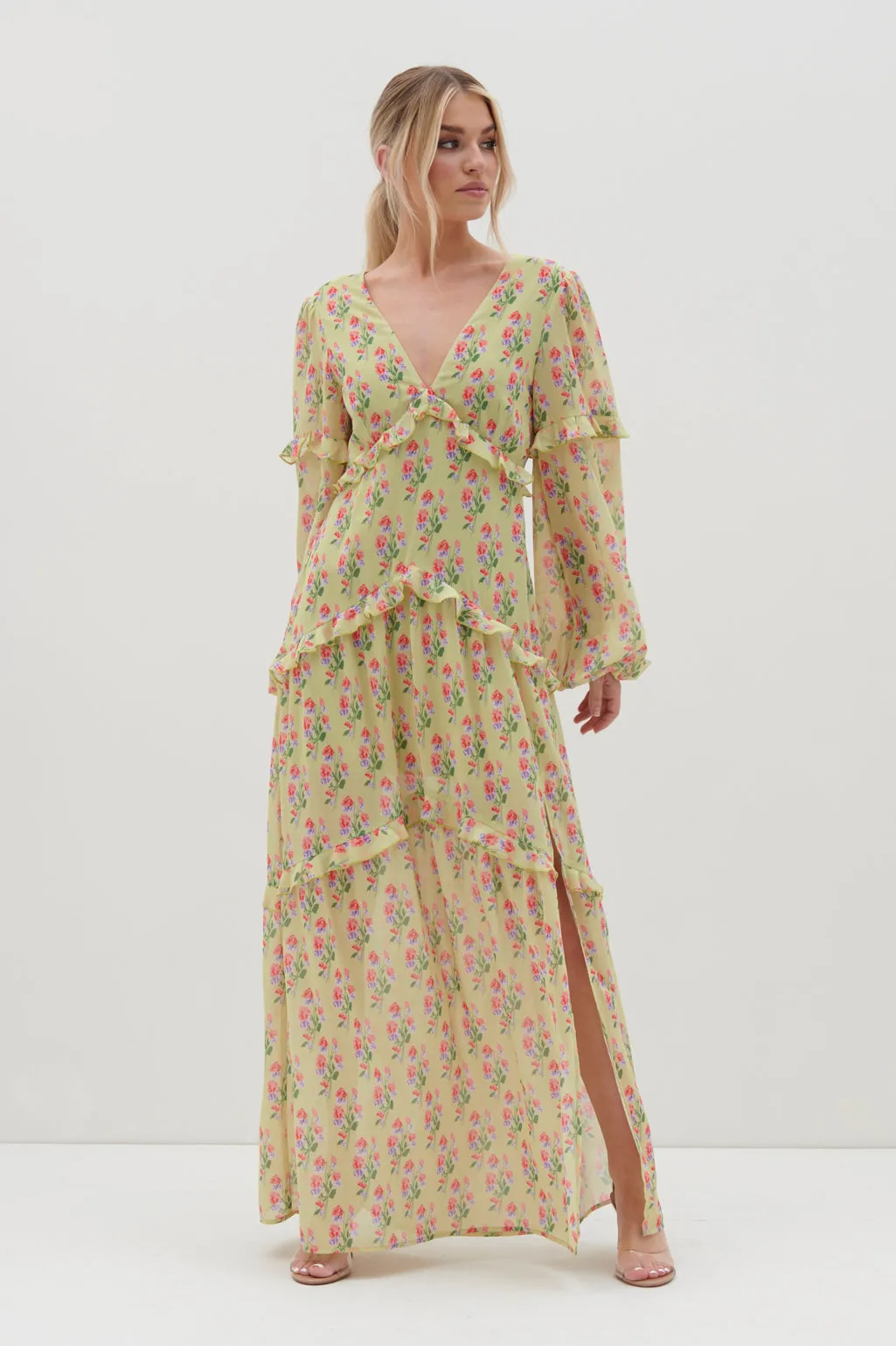 Kalina V Neck Ruffle Maxi Dress - Botanic Floral sold by Pretty Lavish
