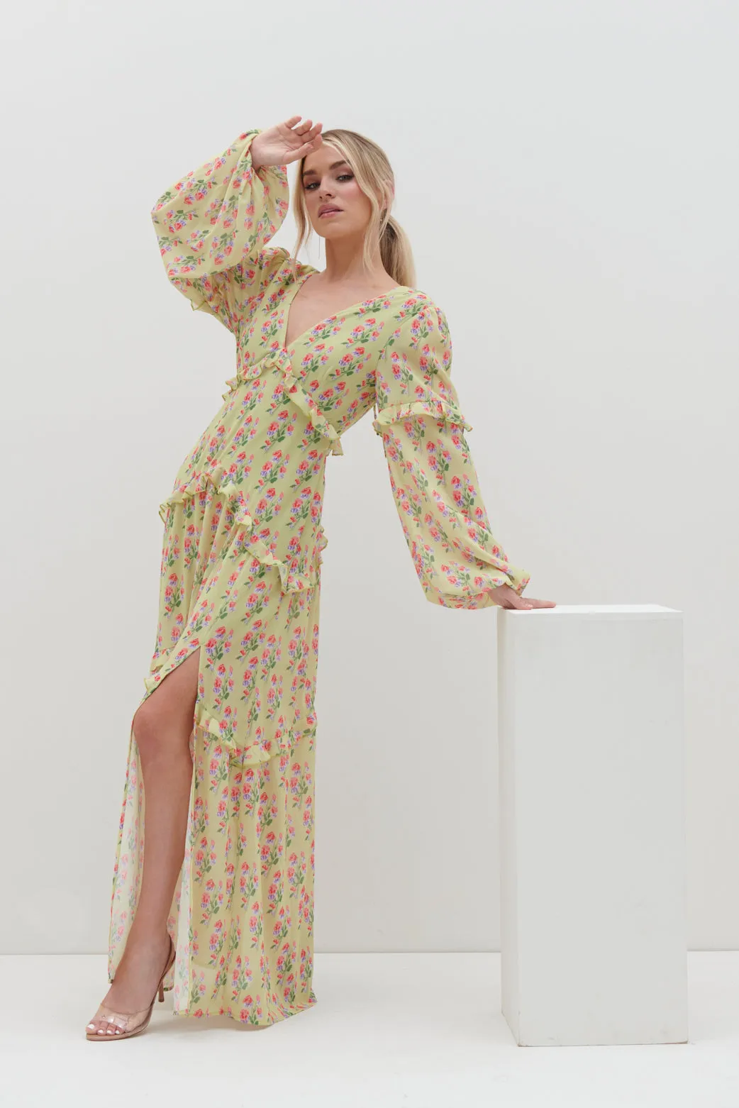 Kalina V Neck Ruffle Maxi Dress - Botanic Floral sold by Pretty Lavish product image thumbnail 2