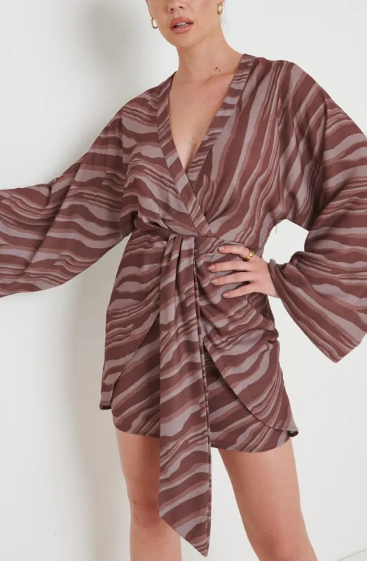 Louise Knot Drape Dress - Abstract Wave Espresso sold by Pretty Lavish