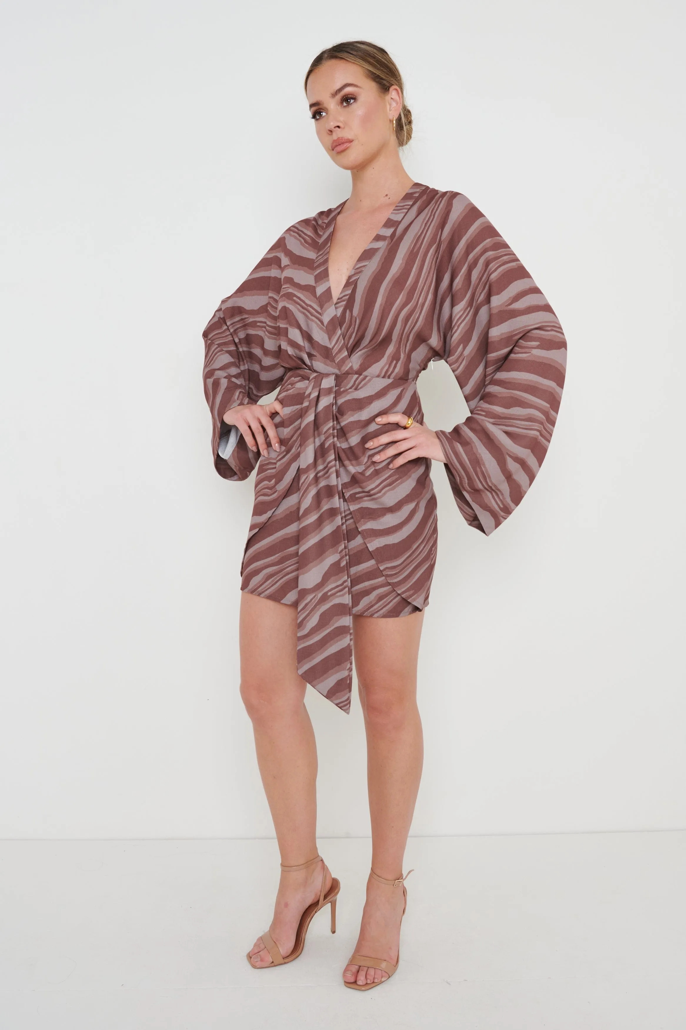 Louise Knot Drape Dress - Abstract Wave Espresso sold by Pretty Lavish product image thumbnail 4