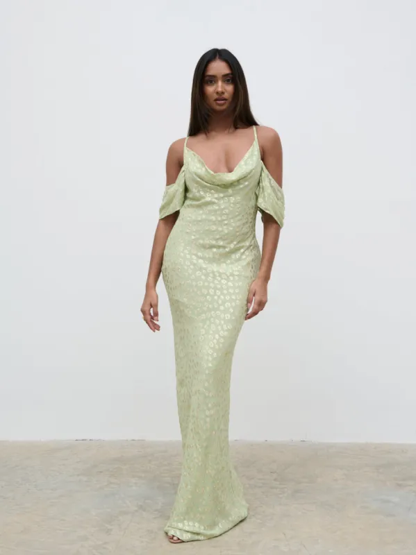 Nia Cold Shoulder Maxi Dress - Pistachio Metallic sold by Pretty Lavish