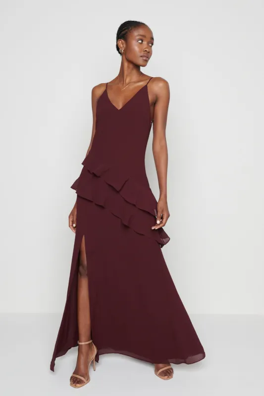Saskia Maxi Ruffle Dress - Wine sold by Pretty Lavish