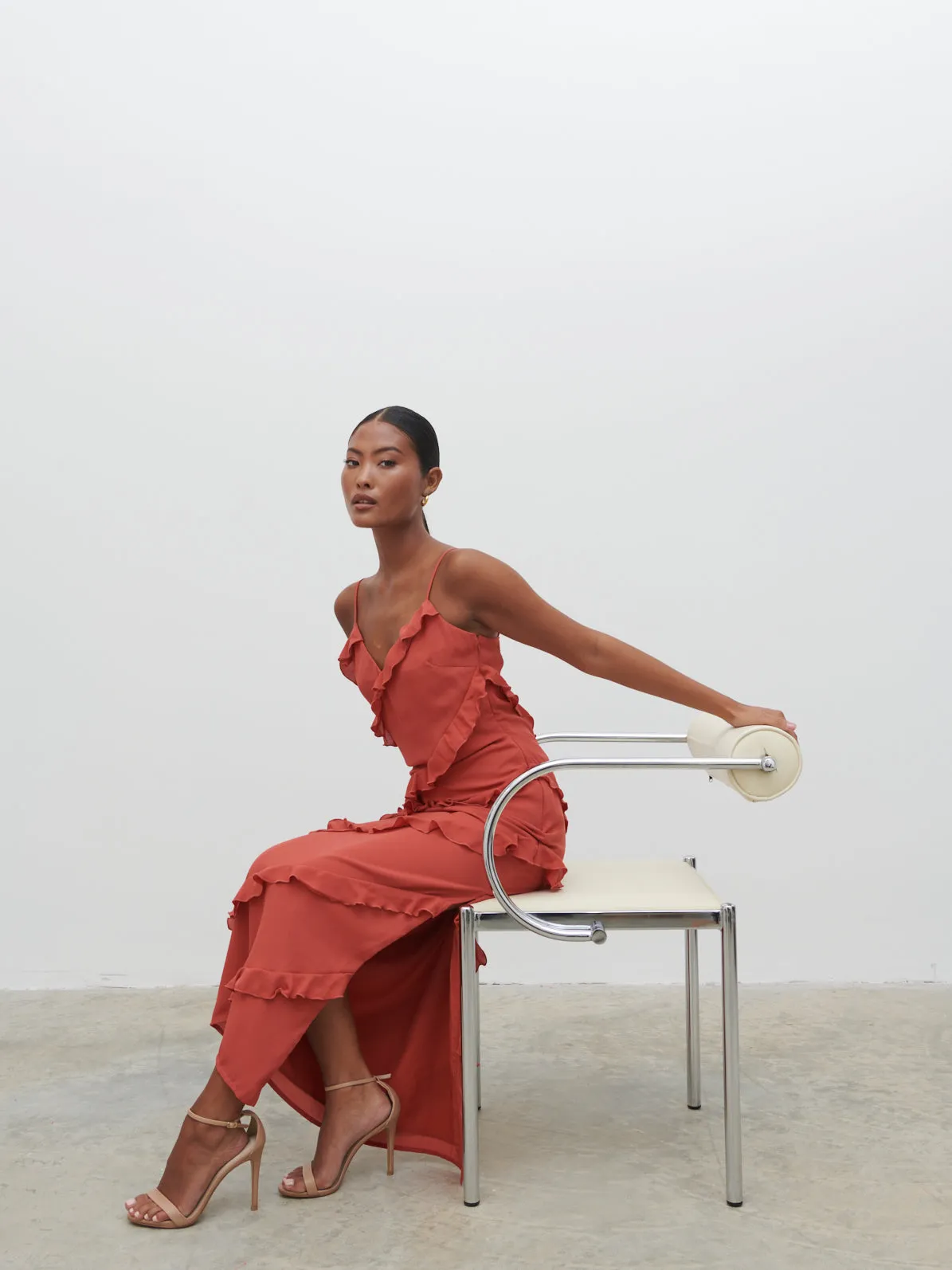 Nadine Ruffle Midaxi Dress - Dusky Rose sold by Pretty Lavish