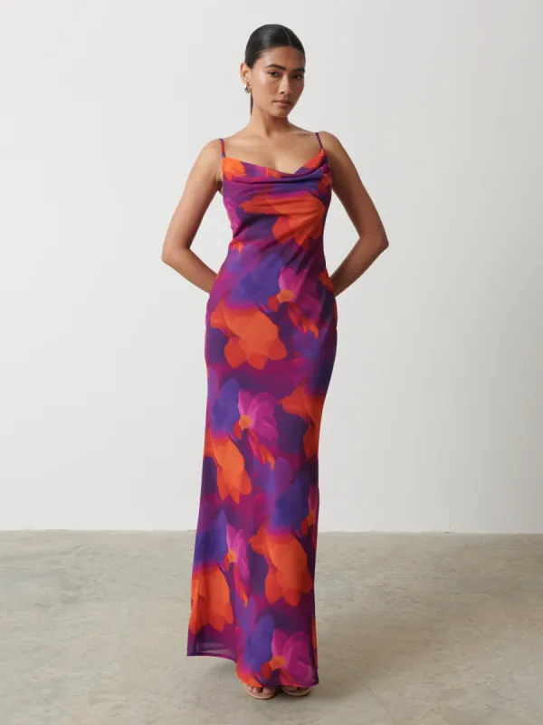 Keisha Printed Chiffon Maxi Dress - Bright Iris Floral made by Pretty Lavish