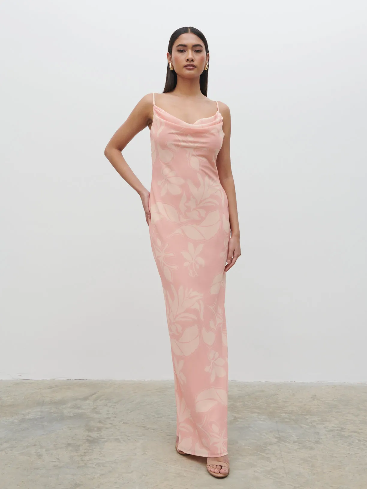 Keisha Ruched Chiffon Maxi Dress - Blush Abstract Leaf sold by Pretty Lavish