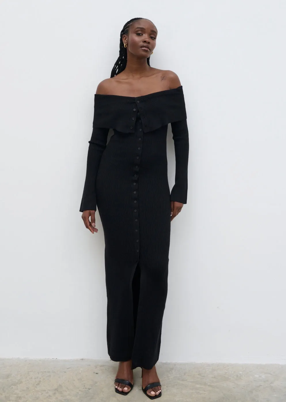 Elora Bardot Knit Maxi Dress - Black sold by Pretty Lavish