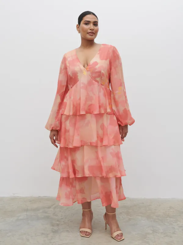 Ashton Ruffle Midi Dress Curve - Dusky Rose Watercolour sold by Pretty Lavish