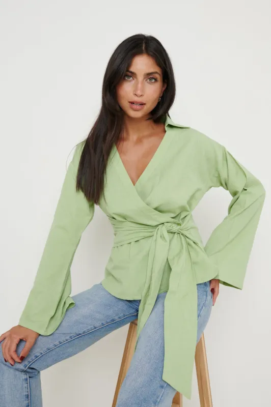 Louis Linen Wrap Blouse - Green sold by Pretty Lavish