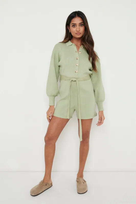 Darcie Balloon Sleeve Knit Playsuit - Olive Green made by Pretty Lavish