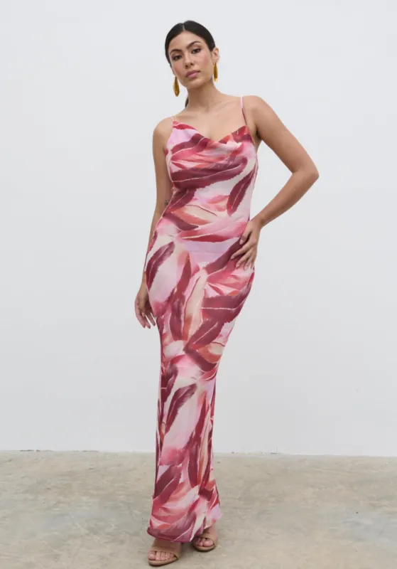Keisha Asymmetric Cowl Maxi Dress - Feather Print sold by Pretty Lavish