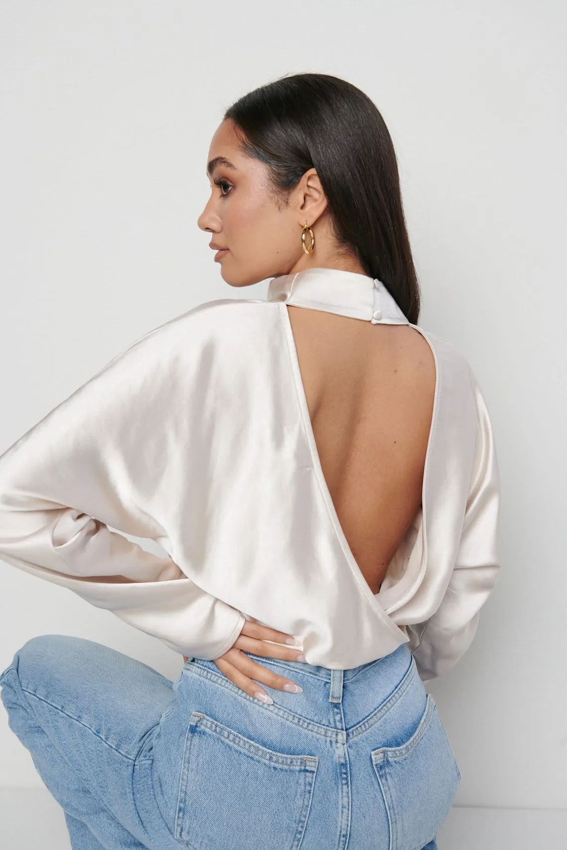Bonnie High Neck Backless Blouse - Oyster sold by Pretty Lavish
