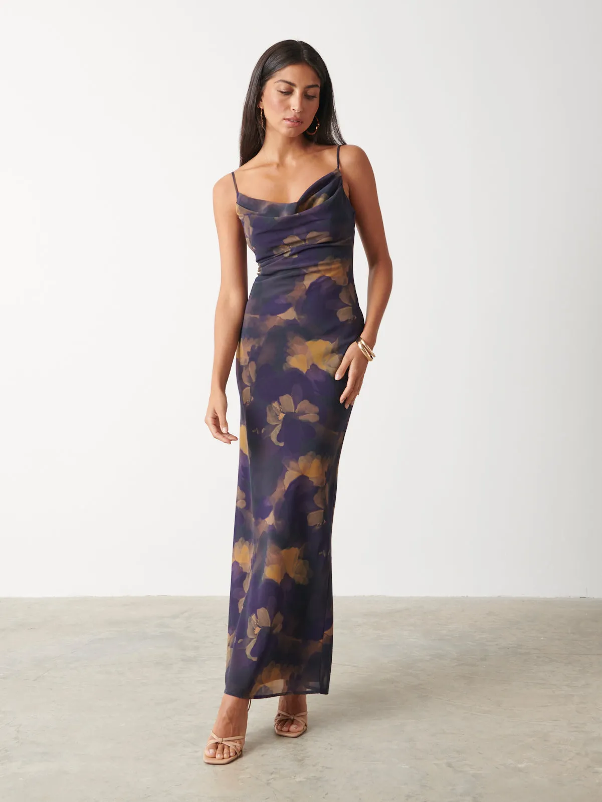 Keisha Printed Chiffon Maxi Dress - Dark Amethyst & Saffron Floral sold by Pretty Lavish