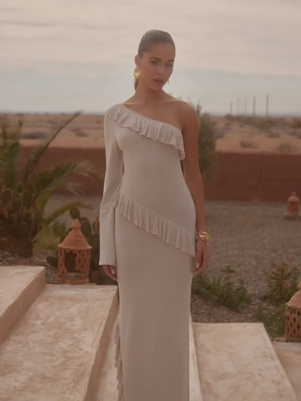 Bethanie Ruffle Maxi Knit Dress - Light Beige sold by Pretty Lavish