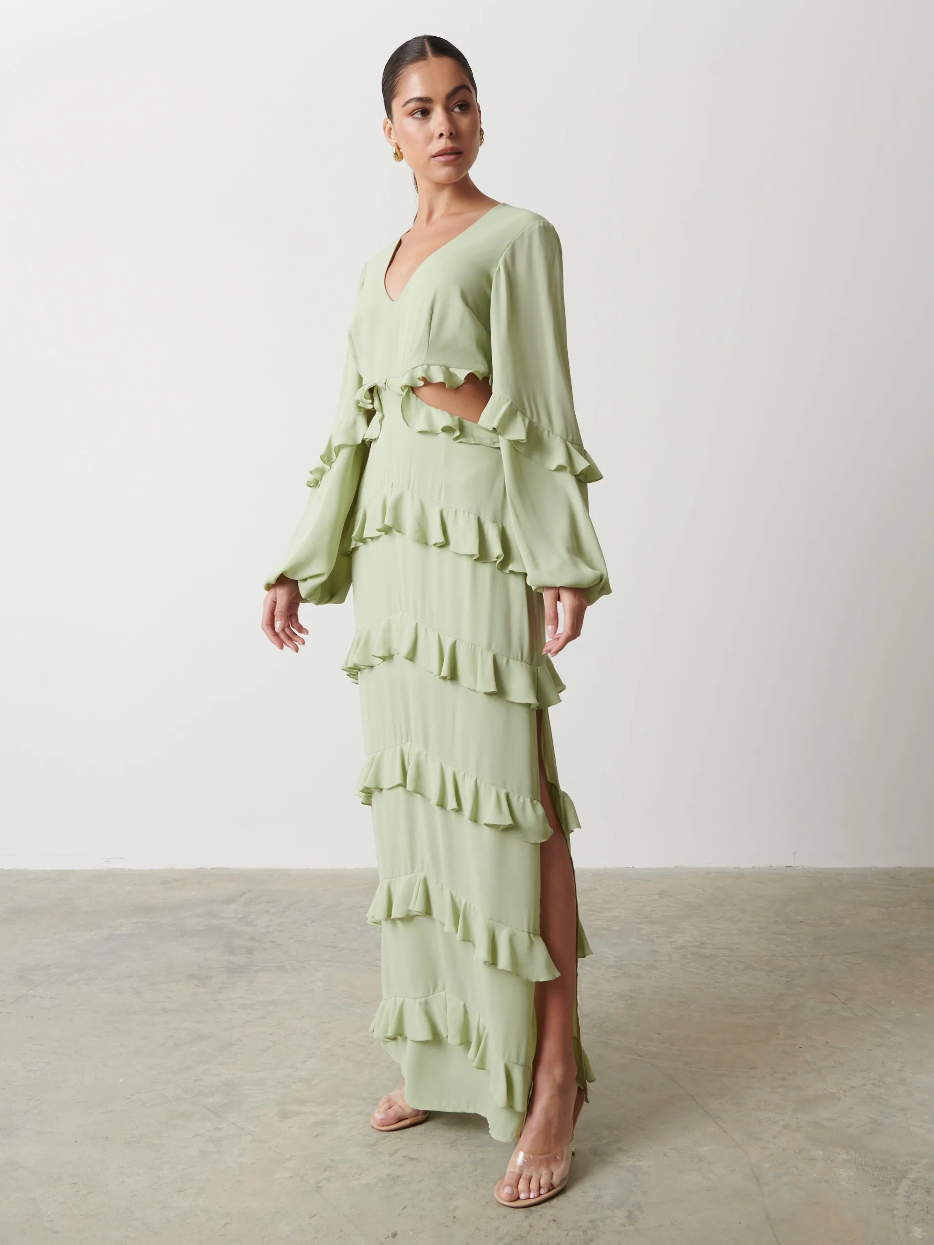 Evie Ruffle Maxi Dress - Sage sold by Pretty Lavish