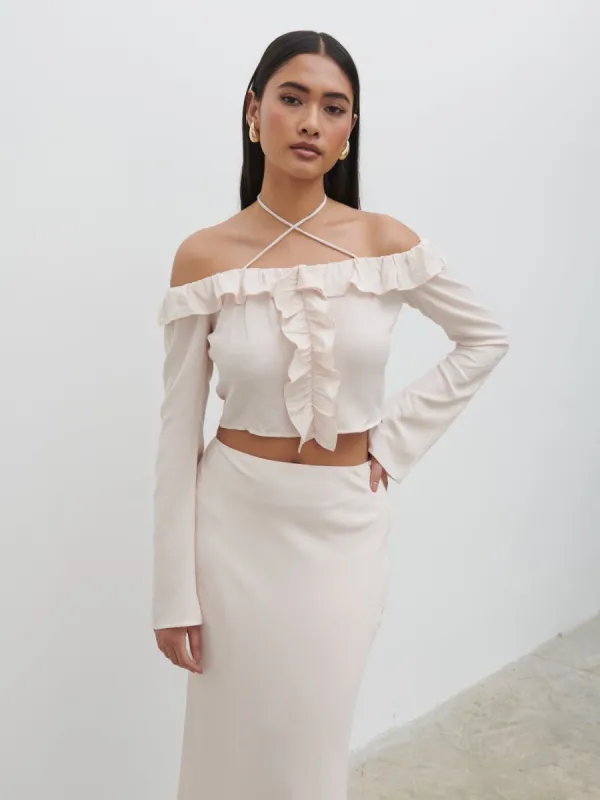 Tiffany Bardot Ruffle Top - Pale Blush sold by Pretty Lavish