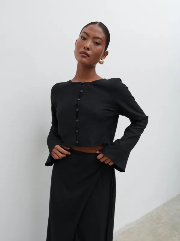 Abigail Button Front Linen Blouse - Black sold by Pretty Lavish
