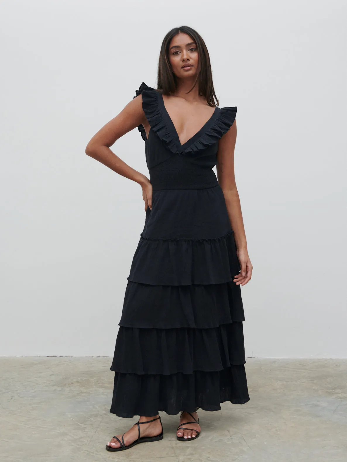 Opal Ruffle Midaxi Dress - Black sold by Pretty Lavish