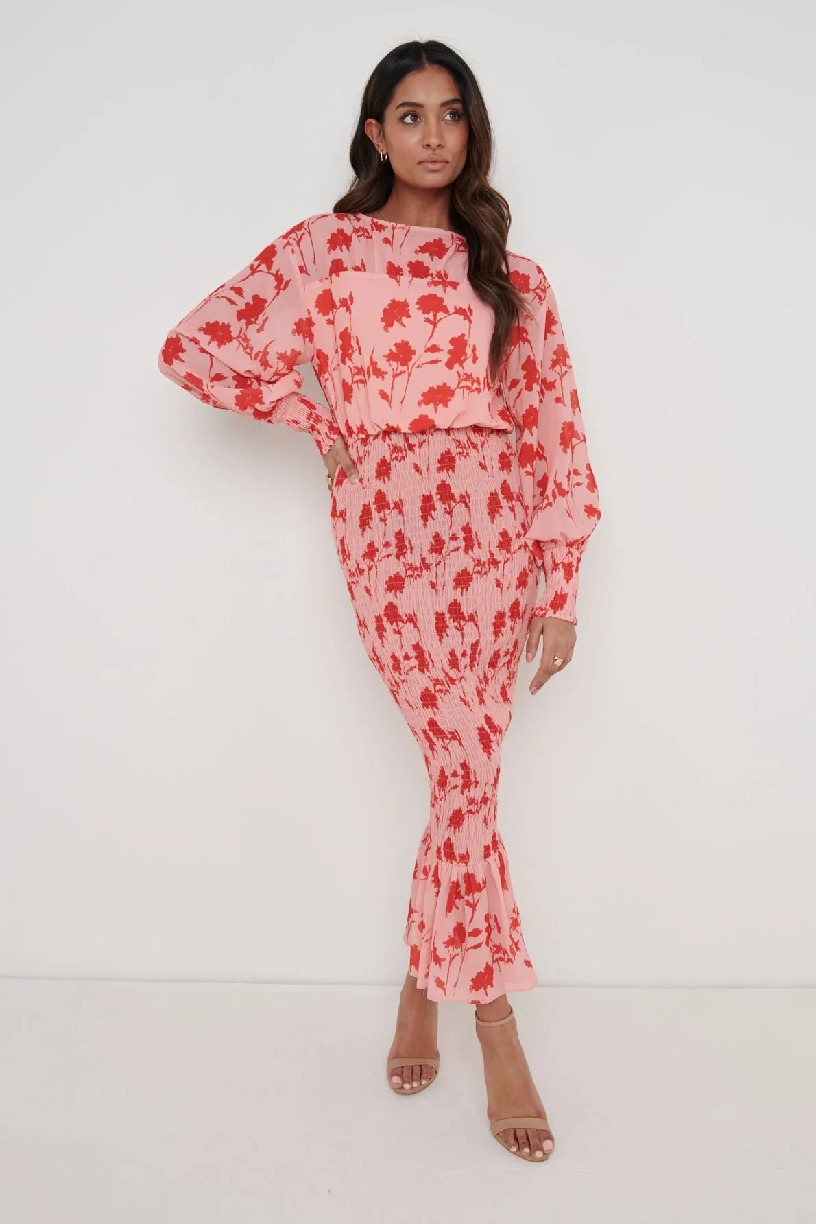 Penelope Shirred Midaxi Dress - Pink and Red Floral sold by Pretty Lavish