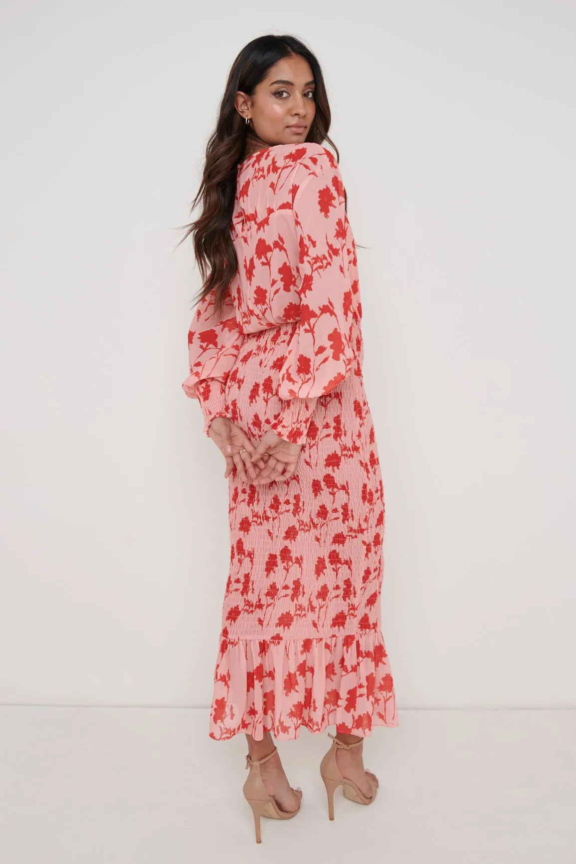 Penelope Shirred Midaxi Dress - Pink and Red Floral sold by Pretty Lavish product image thumbnail 3